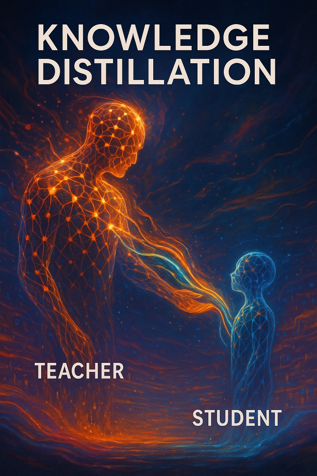 “A glowing teacher neural network transferring knowledge to a smaller student model, with the title ‘Knowledge Distillation’ overlaid.”